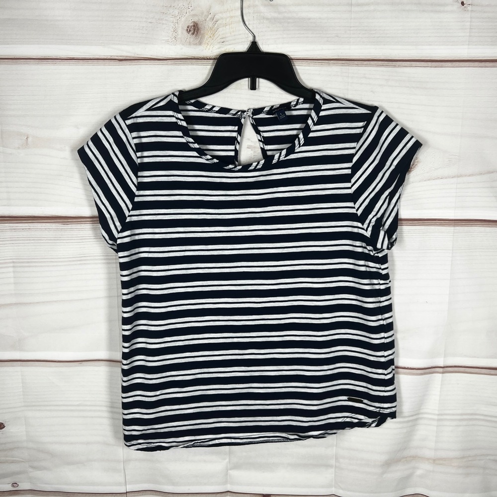 Nautica Striped T-Shirt Womens Large Navy Blue Striped Keyhole Back Basic Knit